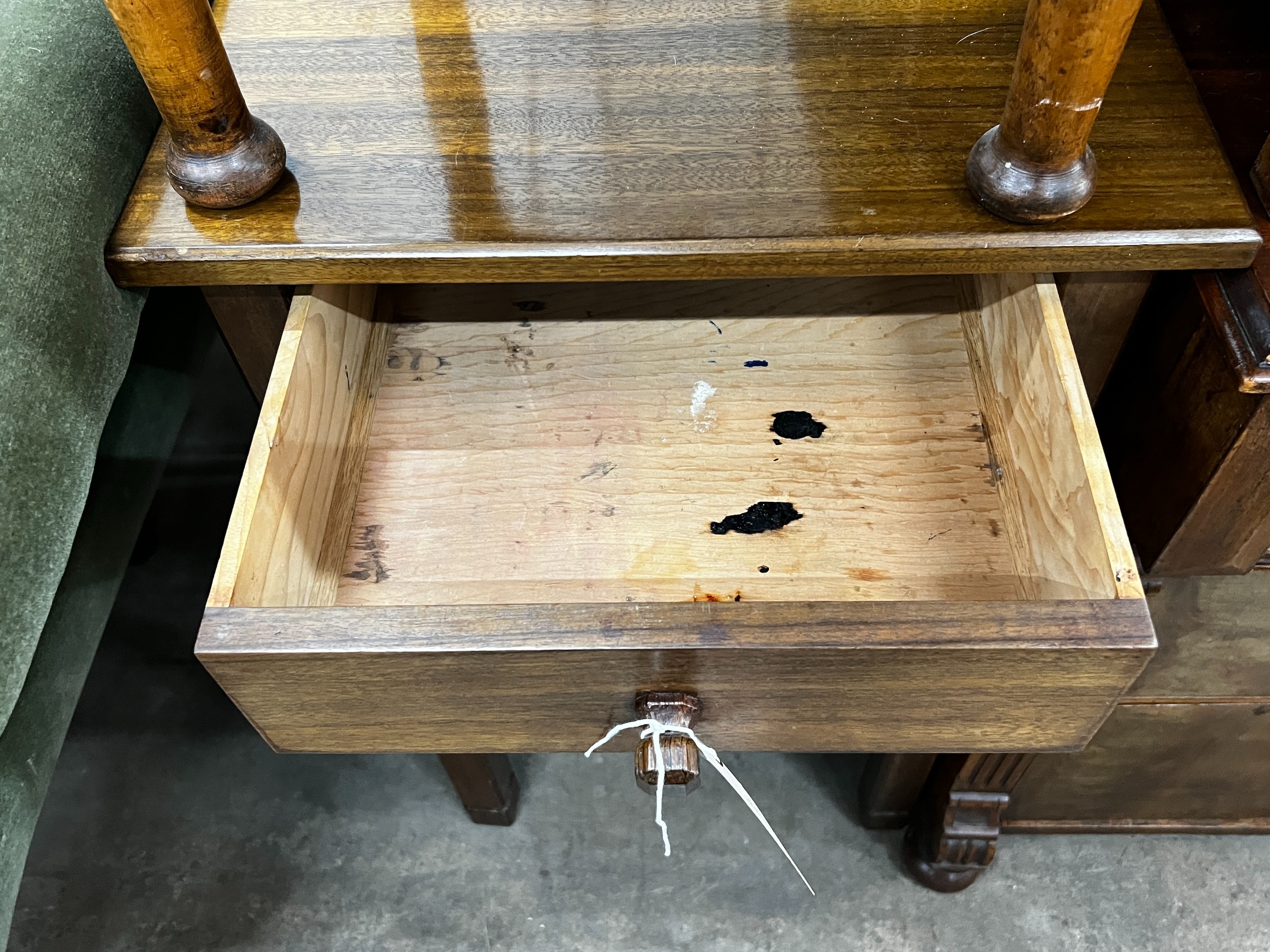 A mid century teak three drawer bedside chest, height 77cm together with an oak and pine workbox